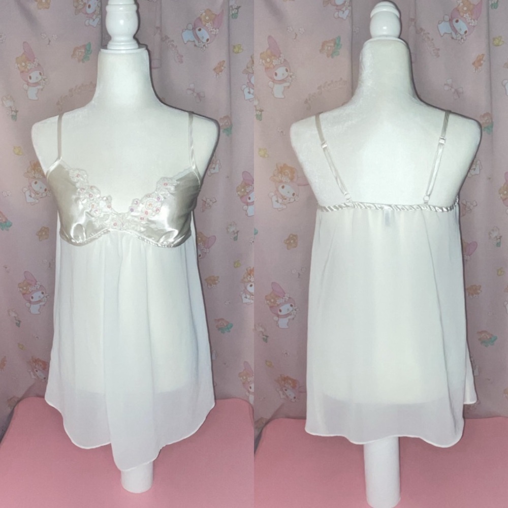 George White Slip with Flower and Sequin Beaded Details